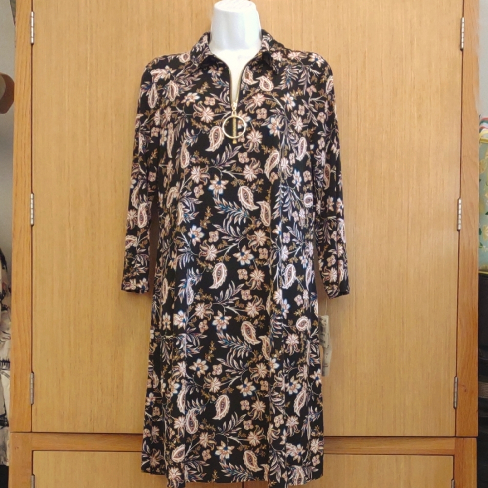 NWT MSK SZ L LS Black/Rust Print Dress With Front Zipper